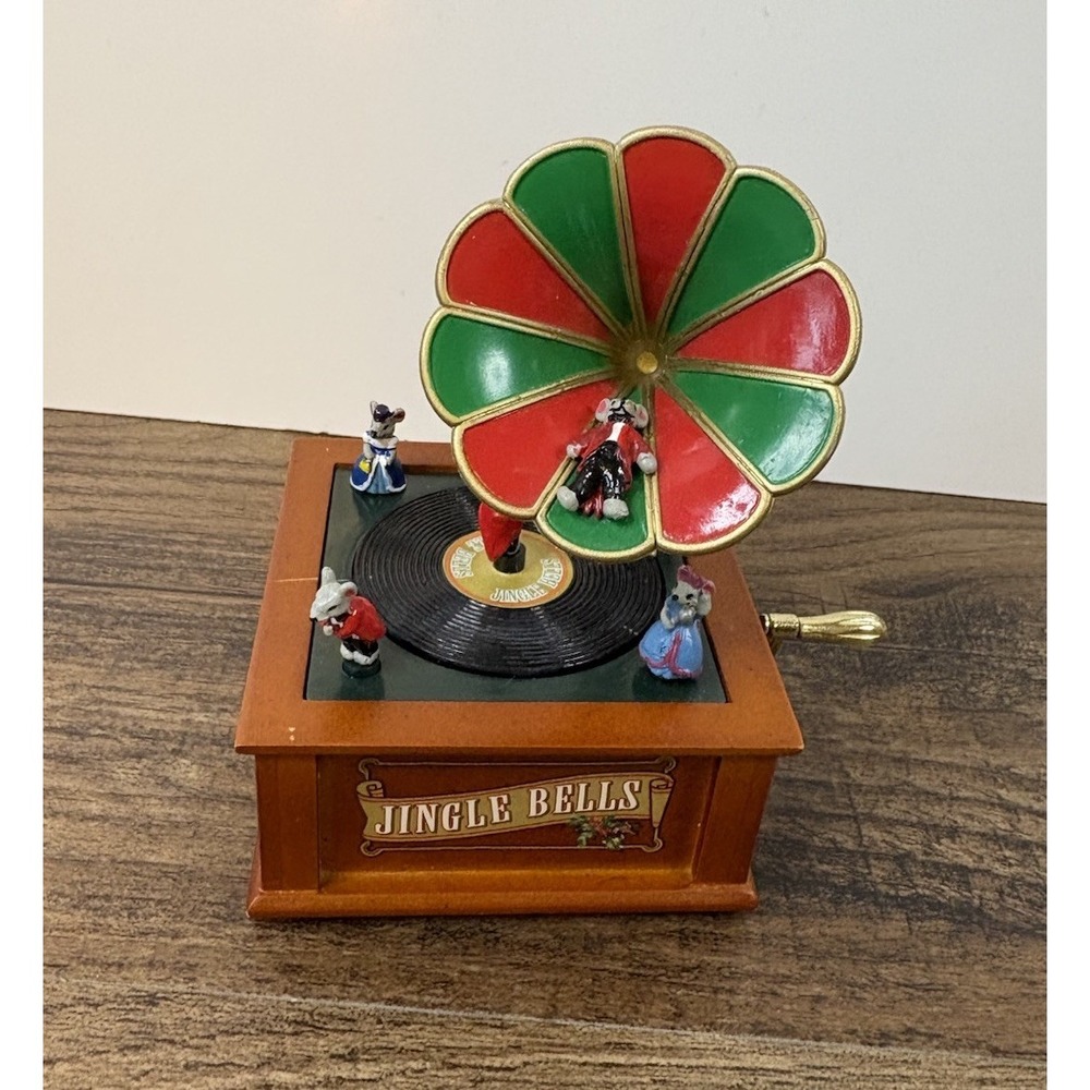 Mr Christmas 4.5" Phonograph Musical  Wind Up W Mouse Mice Figures Jingle Bells